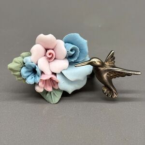 Vintage Hummingbird Brooch AJC Porcelain & Pewter Flower Floral Bird Pin Pastel